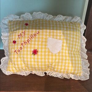 Vintage Handmade Yellow Gingham Tooth Pillow with Lace Trim